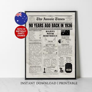 May include: A framed print of "The Aussie Times" newspaper, marking a 90th birthday and the year 1936. The design mimics a vintage newspaper, featuring headlines, facts, and a birthday greeting. Includes 10 birthday party games.
