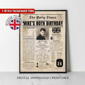 Impresión de periódico personalizada del 80.º cumpleaños del Reino Unido Regalo del 80.º cumpleaños del Reino Unido para mamá, papá, hombres y mujeres Hace 80 años en 1945 Póster de cumpleaños