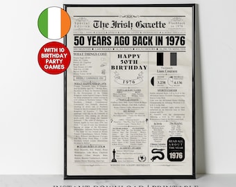 1976 Irish 50th Birthday Newspaper Poster IRELAND facts 50 Years Ago Back in 1976 50th Birthday Gift Idea for Irish Men Women Son Daughter
