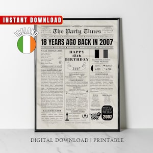 2007 Poster de journal irlandais du 18e anniversaire, cadeau de 18e anniversaire, il y a 18 ans, en 2007, décoration de fête d'anniversaire, décoration d'intérieur, art mural pour hommes et femmes