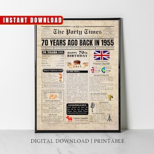 1955 UK 70th Birthday Newspaper Print United Kingdom 70th Birthday Gift 1955 Birthday Poster 70 Years Ago Back in 1955 print Facts About UK