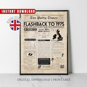 Periódico del 50 cumpleaños de 1975 Póster del periódico británico de 1975 Datos británicos Hace 50 años en 1975 Regalo de 50 cumpleaños para hombres y mujeres Dorado
