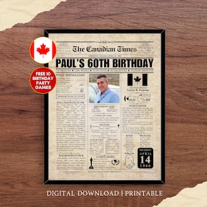 Può includere: Una stampa incorniciata di una prima pagina di giornale intitolata "The Canadian Times" che celebra il 60° compleanno di Paul. La stampa include una foto, titoli e dettagli del 1966, con una bandiera canadese e un adesivo "Giochi di festa di compleanno gratuiti".