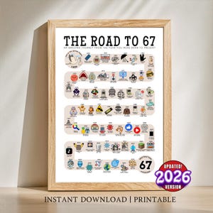 May include: A framed print titled "THE ROAD TO 67" with a timeline of events from 1959 to 2026. The print includes various icons representing significant cultural moments. The bottom right corner features a sticker that says "UPDATED! 2026 VERSION".