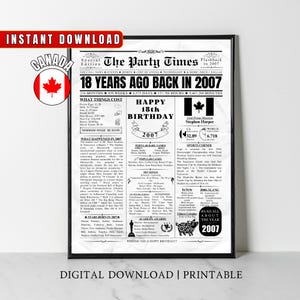 Jornal de aniversário de 18 anos do Canadá para impressão, presente de aniversário de 18 anos canadense de 2007, pôster de aniversário de 2007, decoração de festa em casa de 18 anos atrás em 2007
