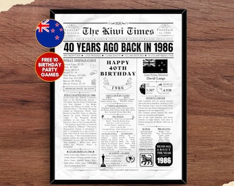 1986 NUEVA ZELANDA Impresión de periódico del 40.º cumpleaños Regalo del 40.º cumpleaños de los neozelandeses Póster de cumpleaños de 1986 Hace 40 años En 1986 impresión Kiwi