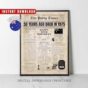 1975 AUSTRALIE 50e anniversaire impression journal Australie 50e cadeau d'anniversaire 1975 affiche d'anniversaire il y a 50 ans en 1975 impression australienne