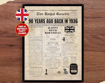 1936 UK 90th Birthday Newspaper Print United Kingdom 90th Birthday Gift 1936 Birthday Poster 90 Years Ago Back in 1936 print Facts About UK