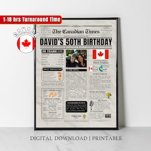 50th Birthday Gift for Mom Dad Husband Wife, 1975 Birthday Poster, 50th Birthday Newspaper Sign, 50 Years Ago Back in 1975 Highlights CANADA