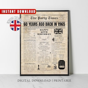 Stampa di giornale del 60° compleanno del Regno Unito del 1965 Regalo di 60° compleanno del Regno Unito Poster di compleanno del 1965 60 anni fa nel 1965 Stampa Fatti sul Regno Unito