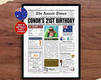 Impresión de periódico personalizada para el 21.º cumpleaños de Australia en 2005. Regalo personalizado para el 21.º cumpleaños en 2004. Póster de cumpleaños de hace 21 años en 2005. Dato australiano.