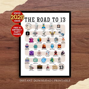 Puede incluir: Impresión enmarcada en blanco y negro titulada "The Road to 13", que detalla eventos desde el año de nacimiento hasta el presente. Incluye el texto "Updated! 2026 Version" y "Free 10 Birthday Party Games".