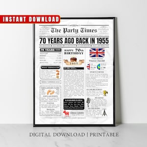 1955 UK 70th Birthday Newspaper Print United Kingdom 70th Birthday Gift 1955 Birthday Poster 70 Years Ago Back in 1955 print Facts About UK