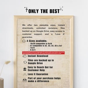 May include: A framed poster with the text "ONLY THE BEST" at the top. The poster offers two sizes, instant downloads, unlimited revisions, and customer support. It lists four available sizes: 16x20, A1, 11x14, and 8.5x11.