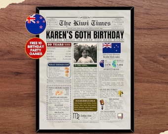 Impresión de periódico personalizada de NUEVA ZELANDA de 1966 para el 60.º cumpleaños. Regalo de 60.º cumpleaños de Kiwi para abuela, abuelo, mamá y papá hace 60 años en 1966.