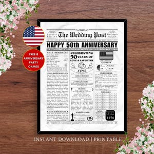 1976 USA 50th Wedding Anniversary Gifts Newspaper Poster 50 Years Ago Wedding Gift for Mom Dad Parents Golden Anniversary American Fun Facts