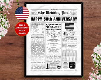 1976 USA 50th Wedding Anniversary Gifts Newspaper Poster 50 Years Ago Wedding Gift for Mom Dad Parents Golden Anniversary American Fun Facts