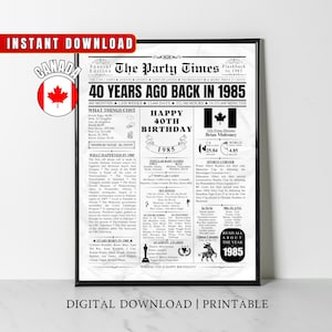 Periódico imprimible del 40.° cumpleaños de Canadá, regalo del 40.° cumpleaños de Canadá en 1985, póster de cumpleaños de 1985, decoración para fiestas en el hogar hace 40 años en 1985