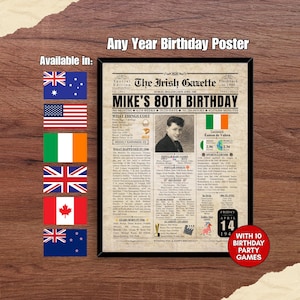 Póster de periódico para regalo de cumpleaños de cualquier año, regalo de cumpleaños personalizado para él, ella, hombres y mujeres, datos sobre australianos, neozelandeses, británicos, irlandeses, estadounidenses y canadienses.
