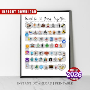 Puede incluir: Una impresión enmarcada titulada "Road to 39 Years Together" con una línea de tiempo de eventos de 1987 a 2025. La impresión incluye iconos y texto, con etiquetas "Descarga instantánea" e "Imprimible". La versión actualizada es para 2026.