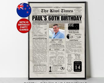 Custom 1966 NEW ZEALAND 60th Birthday Newspaper Print Kiwi 60th Birthday Gift for Grandma Grandpa Mum Dad 60 Years Ago Back in 1966
