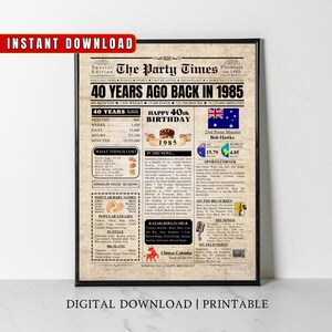 1985 AUSTRALIA 40th Birthday Newspaper Print Australian 40th Birthday Gift 1985 Birthday Poster 40 Years Ago Back in 1985 print Aussie