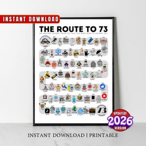 Puede incluir: Una impresión enmarcada titulada "The Route to 73", que presenta una línea de tiempo de eventos significativos de 1953 a 2026. El diseño incluye iconos que representan varios hitos. Las palabras "Instant Download" y "Printable" también son visibles.