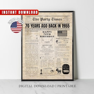 70er Geburtstag Zeitungsplakat, druckbares 70er Geburtstagsparty Dekor, Geburtstagsplakat mit Neuigkeiten und Highlights aus dem Jahr 1955 in den USA