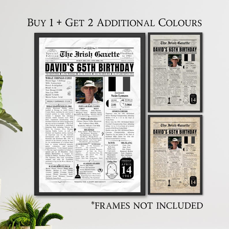 Custom 1961 Irish 65th Birthday Newspaper Poster IRELAND Facts 65 Years ...