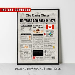 CANADA 50th Birthday Newspaper Printable, 1975 Canadian 50th Birthday Gift, 1975 Birthday Poster, 50 Years Ago Back in 1975 Home Party Decor