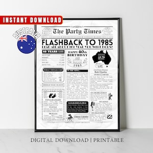 1985 AUSTRALIA 40th Birthday Newspaper Print Australian 40th Birthday Gift 1985 Birthday Poster 40 Years Ago Back in 1985 print Aussie
