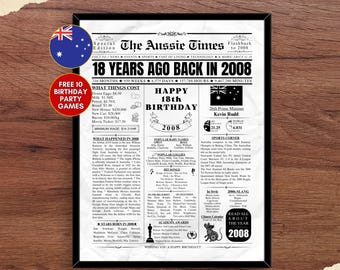 2008 AUSTRALIA 18th Birthday Newspaper Print Australian 18th Birthday Gift 2008 Birthday Poster 18 Years Ago Back in 2008 print Aussie