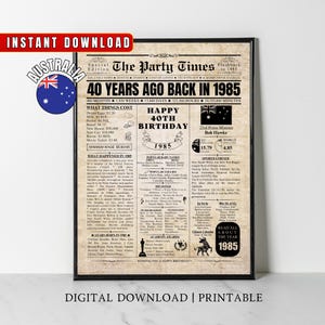 1985 AUSTRALIA 40th Birthday Newspaper Print Australian 40th Birthday Gift 1985 Birthday Poster 40 Years Ago Back in 1985 print Aussie