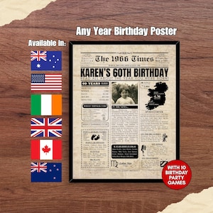 Póster de periódico para regalo de cumpleaños de cualquier año, regalo de cumpleaños personalizado para él, ella, hombres y mujeres, datos sobre australianos, neozelandeses, británicos, irlandeses, estadounidenses y canadienses.