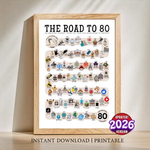 May include: A framed print titled "THE ROAD TO 80" with a timeline of events from the year of birth to the present. The print includes the text "UPDATED! 2026 VERSION" and "INSTANT DOWNLOAD | PRINTABLE". The frame is made of light brown wood.
