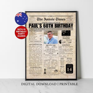 May include: A framed print designed as a vintage newspaper front page, titled "The Aussie Times," celebrating "Paul's 60th Birthday." The print includes a photo, facts from 1966, and the text "Digital Download | Printable."