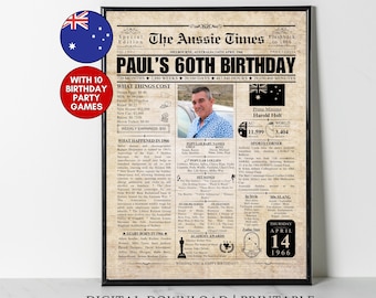 Custom 1966 AUSTRALIA 60th Birthday Newspaper Print Australian 60th Birthday Gift 60 Years Ago Back in 1966 Gift for Mum Dad Husband Wife