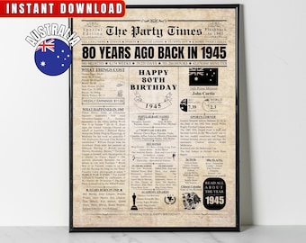 1945 AUSTRALIA 80th Birthday Newspaper Print Australian 80th Birthday Gift 1945 Birthday Poster 80 Years Ago Back in 1945 print Aussie