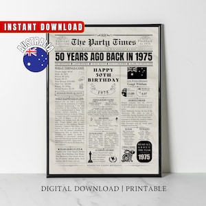 Impressão de jornal de aniversário de 50 anos da Austrália de 1975, presente de aniversário de 50 anos australiano, pôster de aniversário de 1975, arte de parede australiana, decoração de festa de aniversário de 1975
