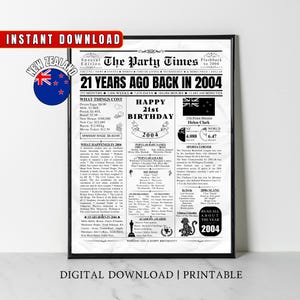 Cartaz de presente de aniversário de 21 anos para filho, filha, ele, ela, jornal para impressão de aniversário de 21 anos, decoração de festa de 2004, arte de parede para casa de 2004, versão KIWI NZ