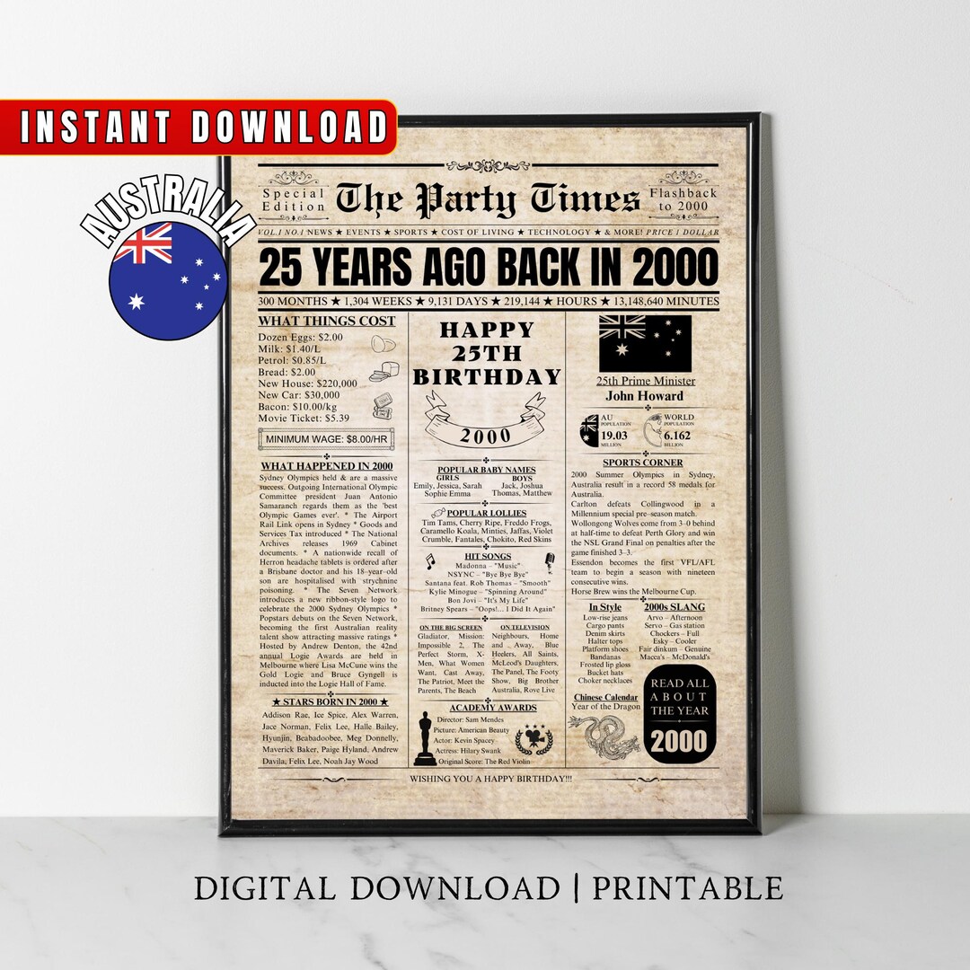 2000 Print Sample 2000 AUSTRALIA 25th Birthday Newspaper Print Australian 25th Birthday ...
