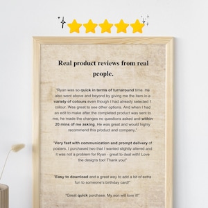 May include: A framed print with customer reviews. The text reads "Real product reviews from real people." The reviews praise quick turnaround, color options, and prompt delivery. The print has a light wood frame and a beige background.