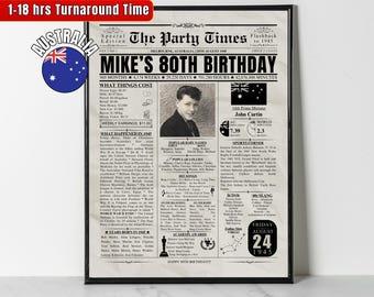 Custom 1945 AUSTRALIA 80th Birthday Newspaper Print Australian 80th Birthday Gift for Him Her Men Women Mum Dad 80 Years Ago Back in 1945