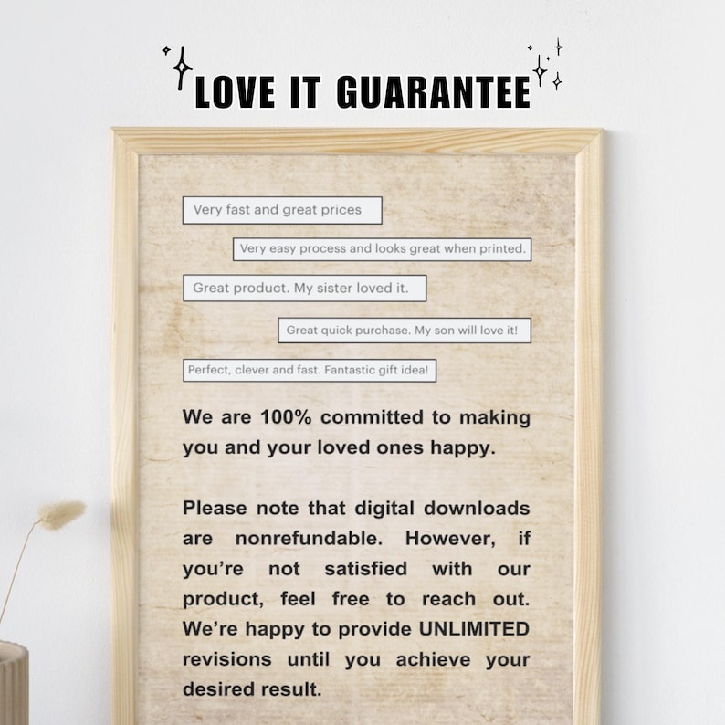 May include: A framed print with the text "LOVE IT GUARANTEE" at the top. The print includes customer testimonials and a commitment to customer satisfaction, with a note about digital downloads and revisions.