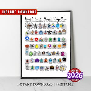 Può includere: Stampa incorniciata intitolata "Road to 31 Years Together", con una cronologia di eventi dal 1996 al 2026. La stampa include icone e testo, con le parole "Instant Download" in alto e in basso.
