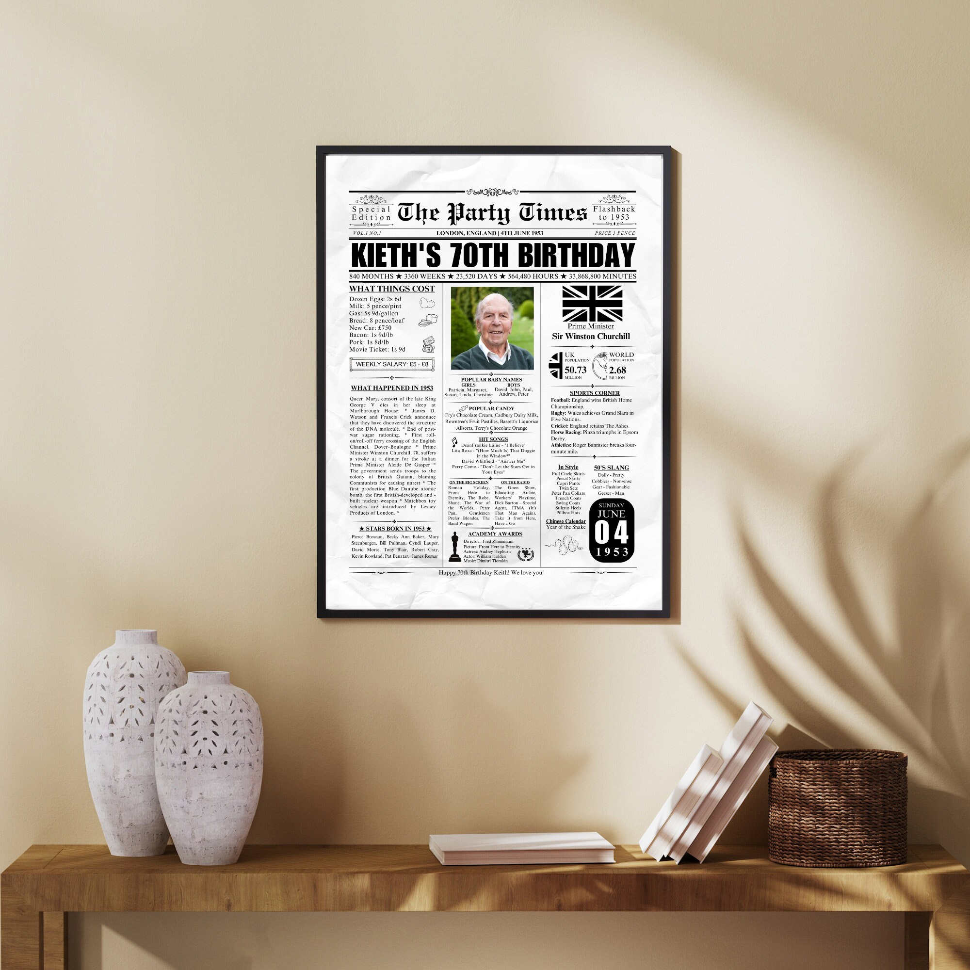 70th Birthday Newspaper UK 1953 Poster Sign Printable 70th - Etsy