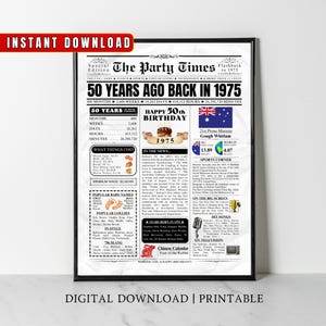 AUSTRALIA 50th Birthday Newspaper Printable, 1975 Australian 50th Birthday Gift, 1975 Birthday Poster, 50 Years Ago Back in 1975 Party Decor