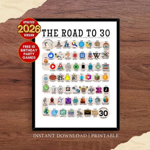 Puede incluir: Una impresión enmarcada titulada "The Road to 30", con una línea de tiempo de eventos desde el año de nacimiento hasta la actualidad. La impresión incluye iconos y texto, actualizado a 2026. También incluye el texto "Instant Download | Printable."