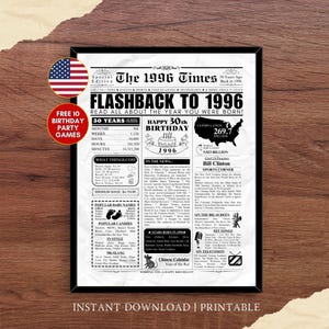 1996 USA 30. urodziny wydruk gazety, Stany Zjednoczone, prezent na 30. urodziny, plakat urodzinowy 1996, amerykański 1996 wystrój domu na imprezę ścienna