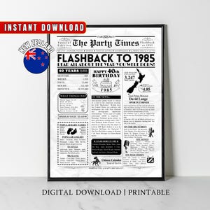 1985 NUEVA ZELANDA Impresión de periódico del 40.° cumpleaños Regalo del 40.° cumpleaños de los neozelandeses Póster de cumpleaños de 1985 Hace 40 años En 1985 impresión Kiwi